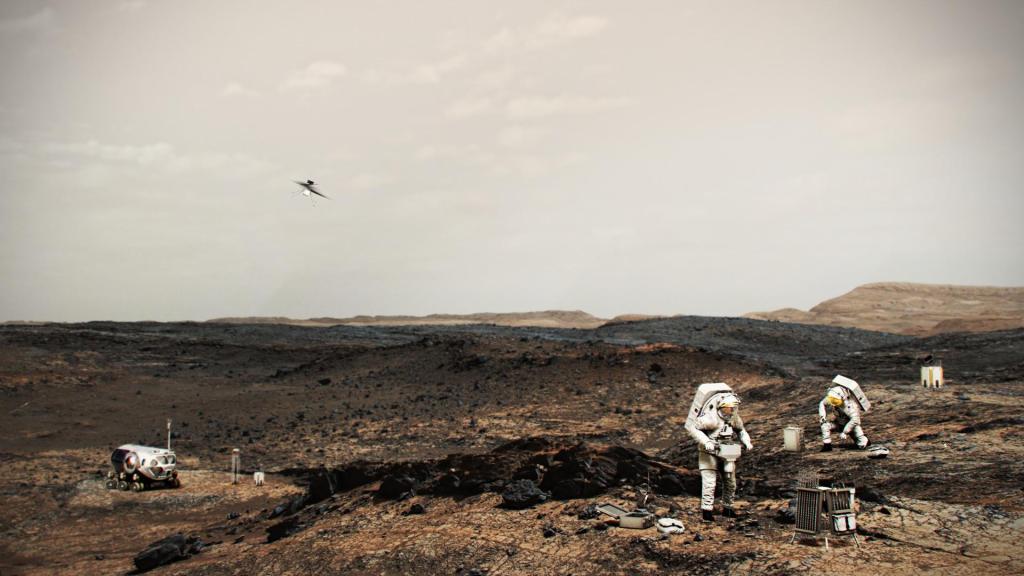 NASA Astronauts on Mars With Helicopter (Illustration) (Image Credit: NASA)